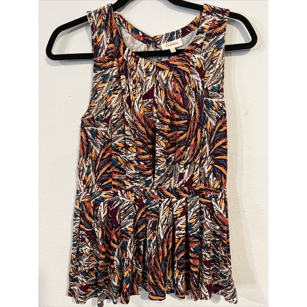 Deletta Corbara Peplum Tank Top Pleated‎ Size Small Anthropologie Feather Print